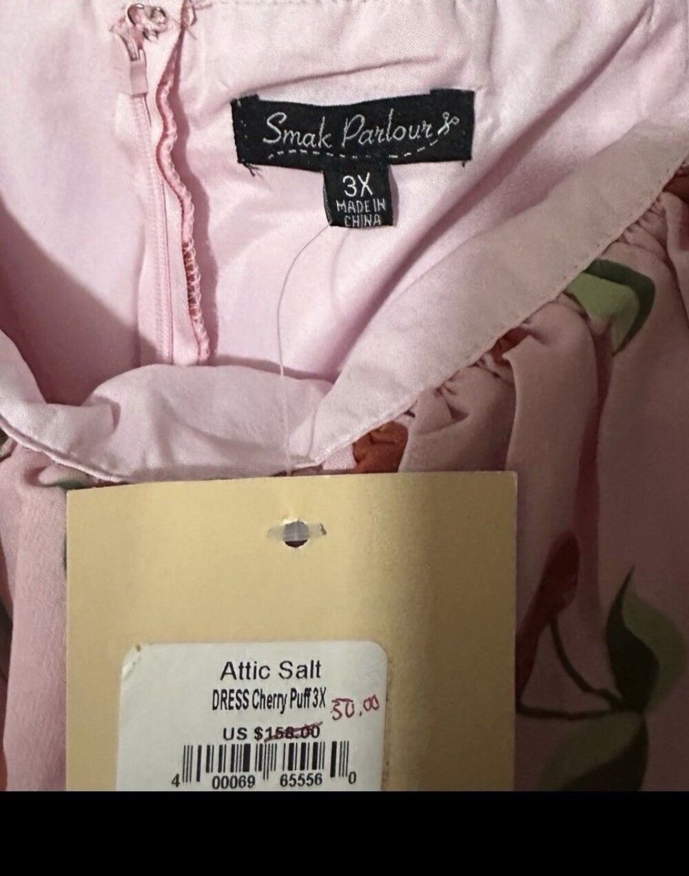 Smak Parlour Dress sz 3X pink cherry print off shoulder tulle flare mod quirky - Picture 6 of 9